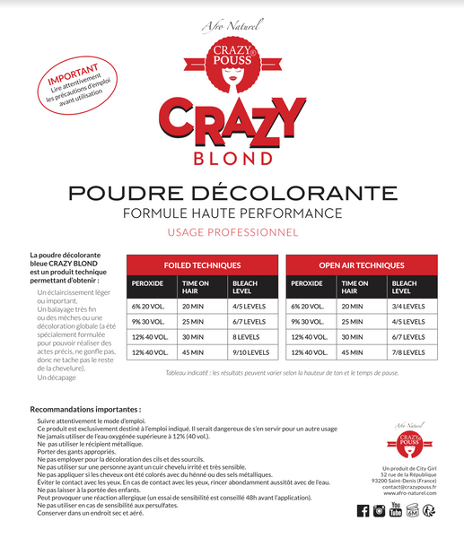 CRAZY POUSS - Poudre décolorante Crazy blond - Produit haute performance pour renforcer les liaisons à l'intérieur de la fibre capillaire