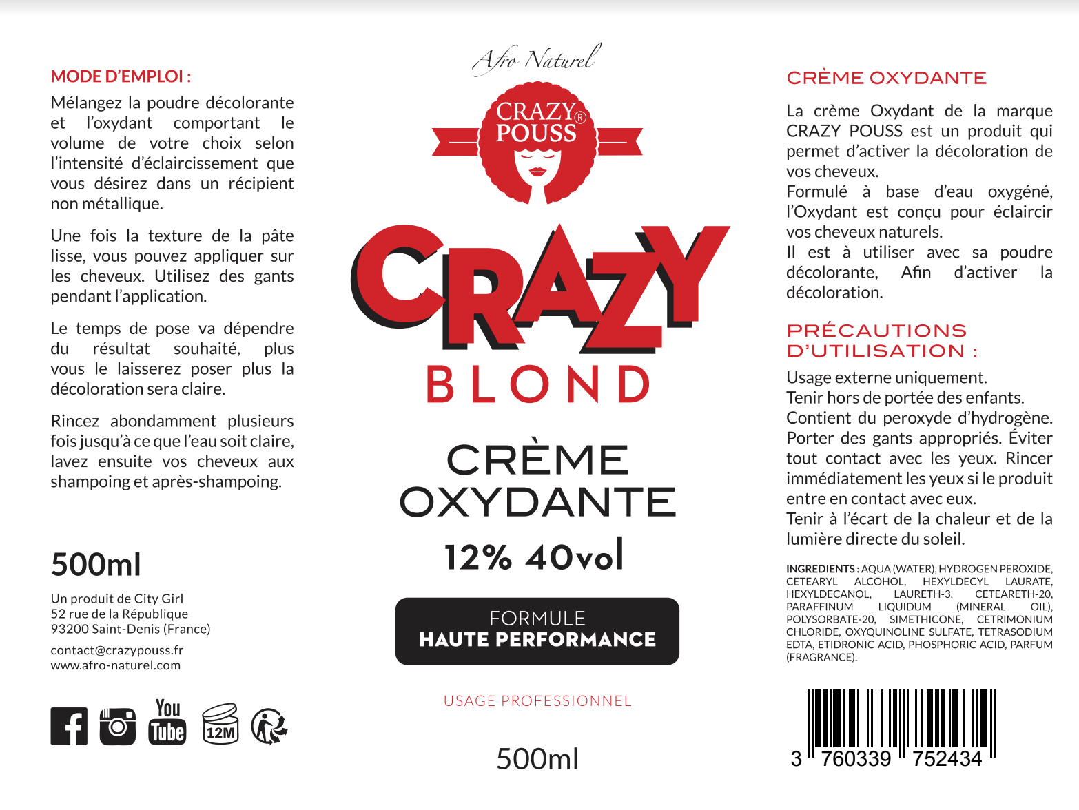 CRAZY POUSS - Crème oxydante - Crazy blond - Blanc - Produit d’activation de décoloration