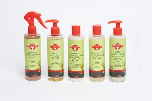 CRAZY POUSS - Gamme hydratation olive - Shampoing, après-shampoing, bain d’huile, spray, lait capillaire pour prendre soin de vos cheveux