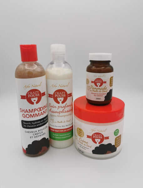 CRAZY POUSS - Pack moelle de bœuf - Pack de 4 produits pour chouchouter vos cheveux très secs, crépus ou bouclés